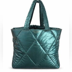 Victoria’s Secret Metallic Teal Quilted Tote Bag Puffer Carryall New